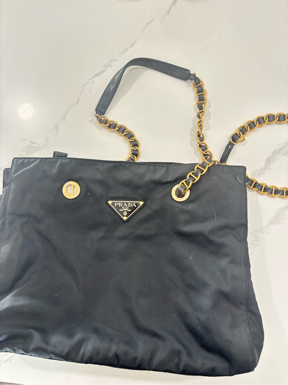 Authentic Prada Black Nylon Shoulder Bag with Gold Chain Straps - Picture 6 of 7